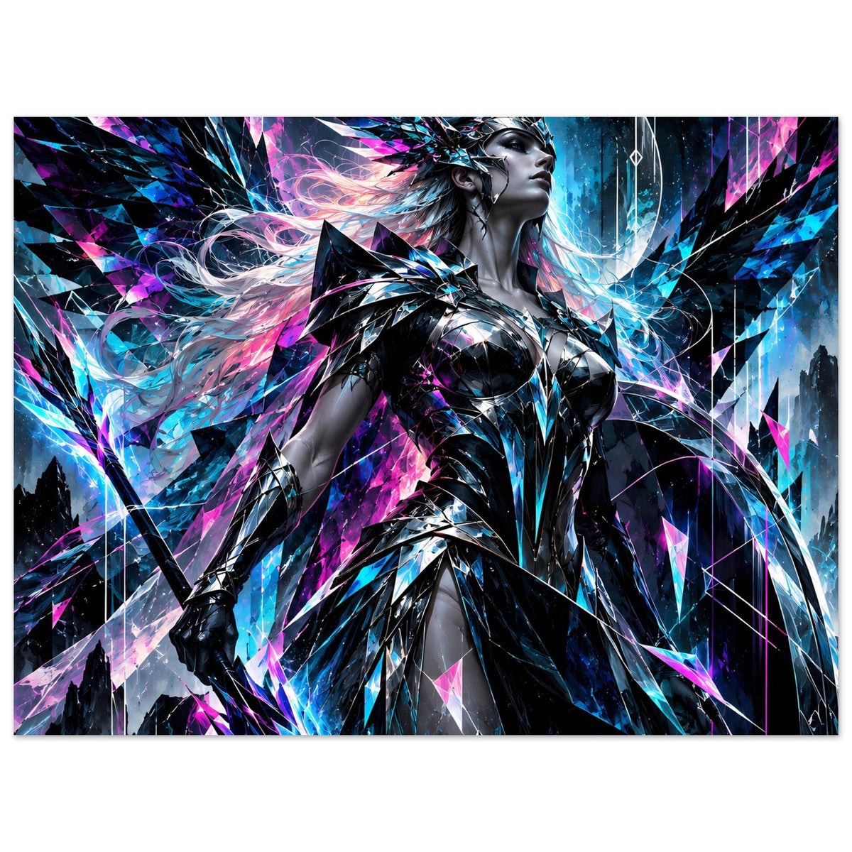Poster im Querformat: Valkyrie in silberner Rüstung, Neonblau und Pink mit abstrakten Formen