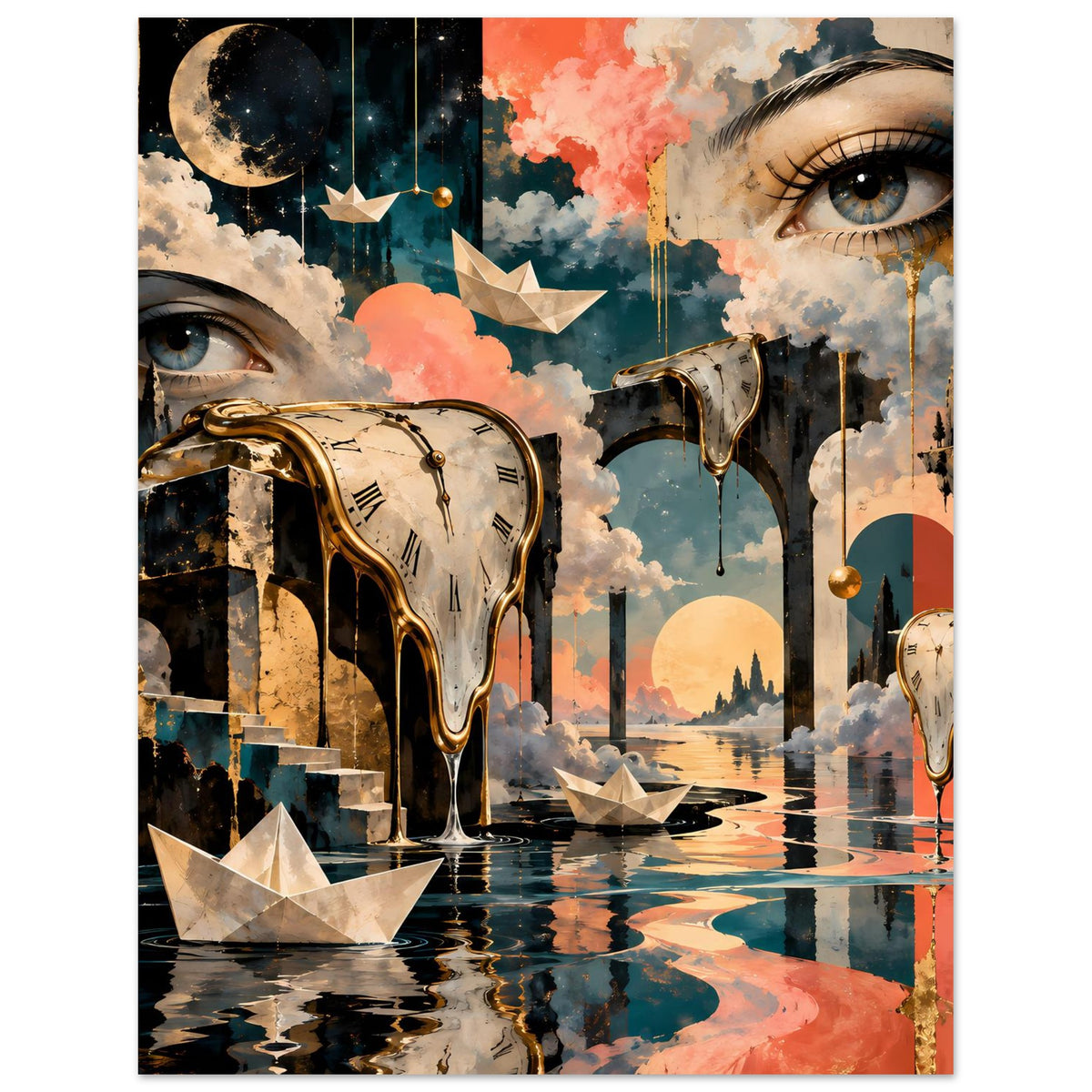 Surreales Poster, Fokus auf goldene Uhr, Augen und bunte Wolken über spiegelndem Wasser
