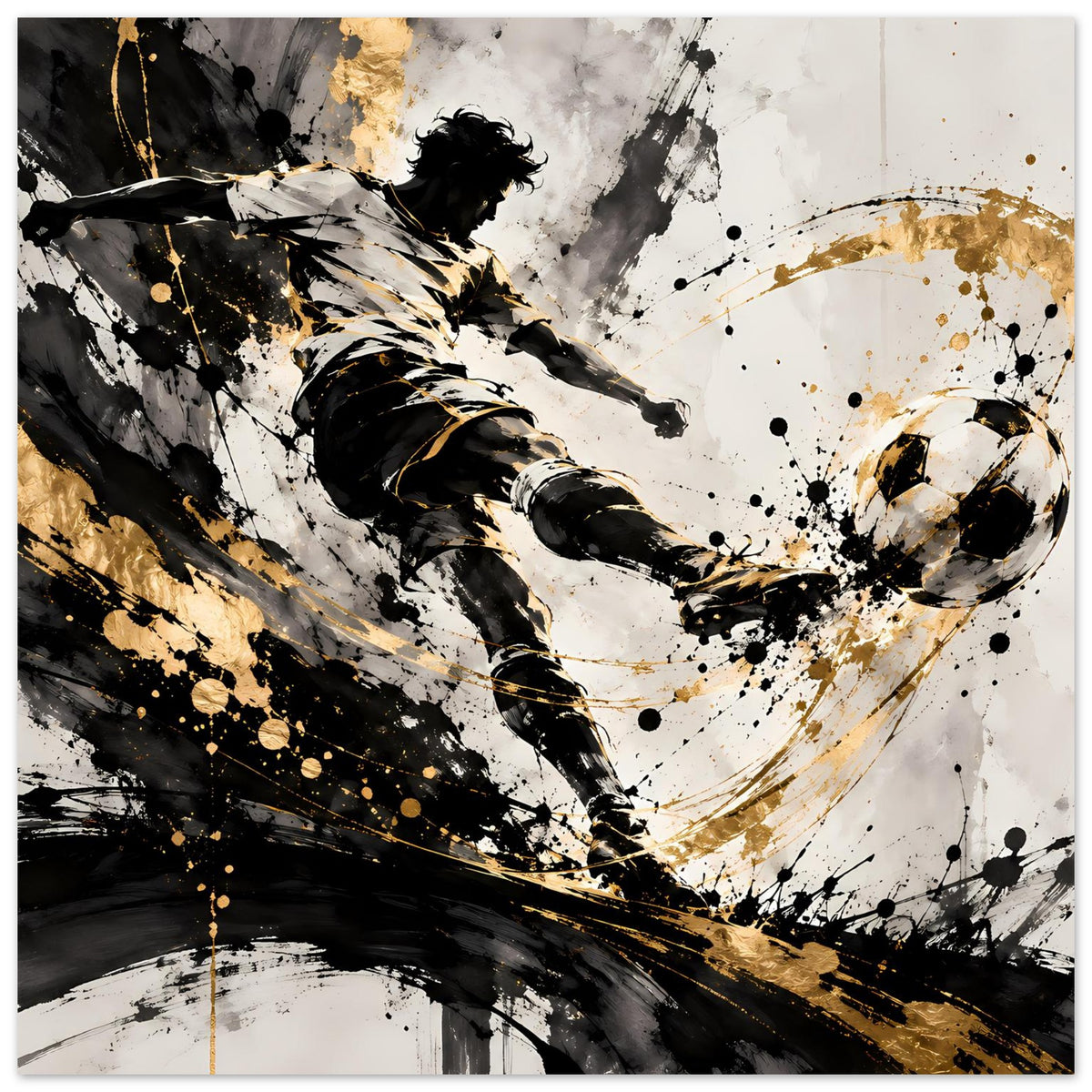 Poster mit Fußballspieler im Schuss, Schwarz-Gold mit Spritz- und Pinsel-Effekten