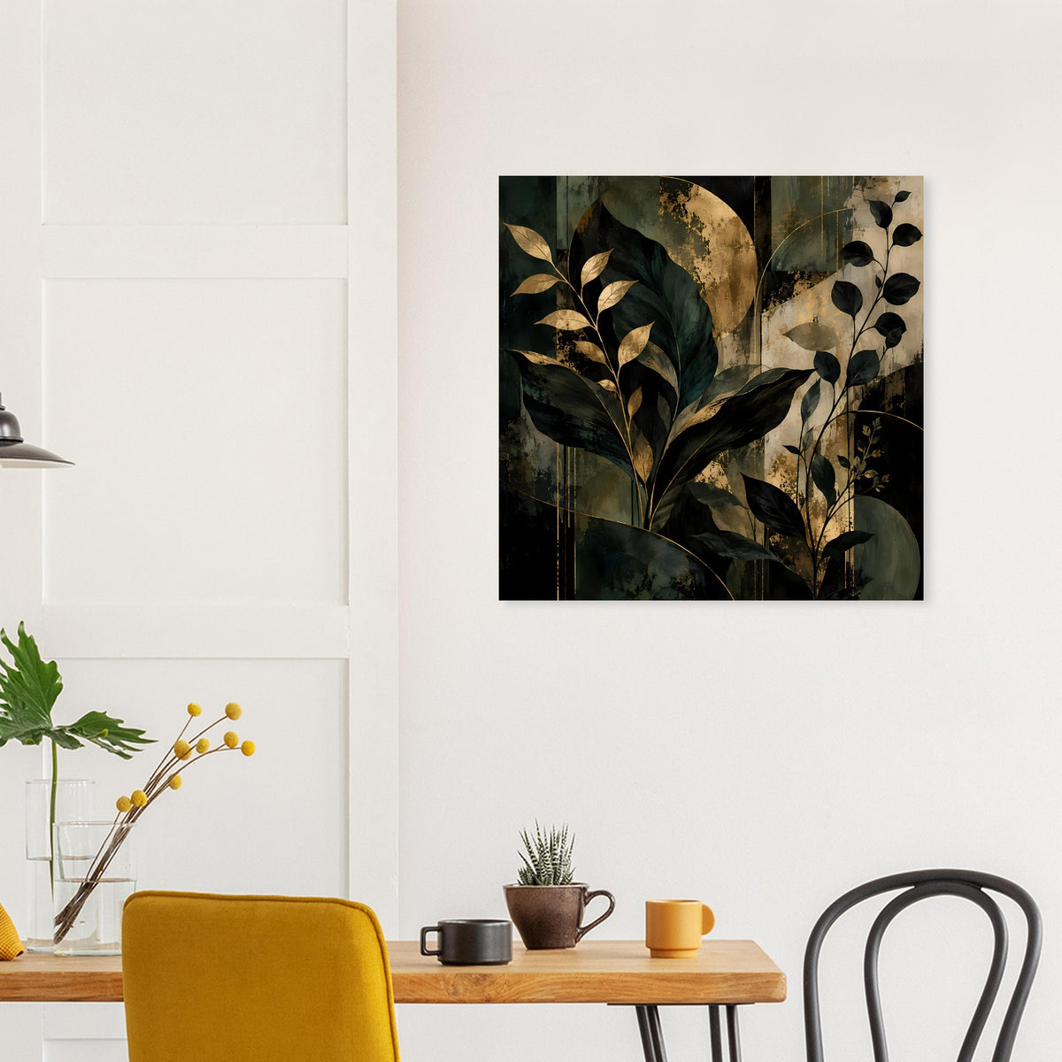Wand-Kunstposter mit botanischer Illustration in dunkelgrünem und goldfarbenem Stil