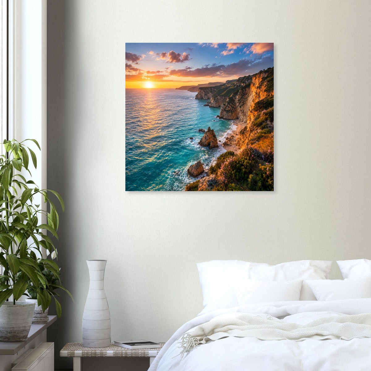 Quadratisches Poster: Küstenfelsen bei Sonnenuntergang, Meer mit Wellen, dunkler Rahmen