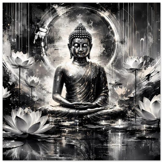 Schwarzweißes Buddha-Kunstposter: sitzender Buddha in Meditation, Lotus-Details