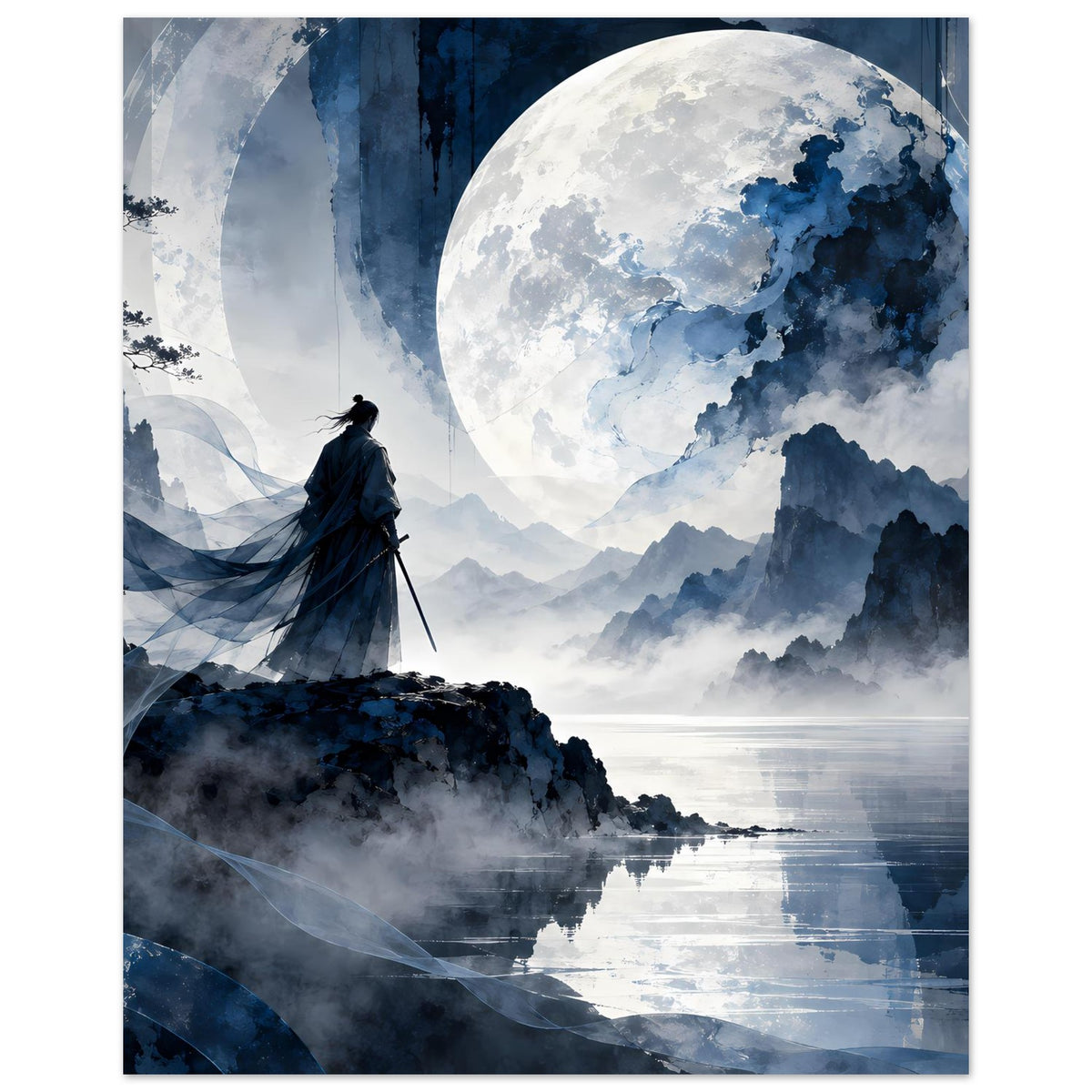 Matte Poster: Samurai auf Fels, großer Mond, blaue Gebirge, Nebel und ruhige Wasserfläche