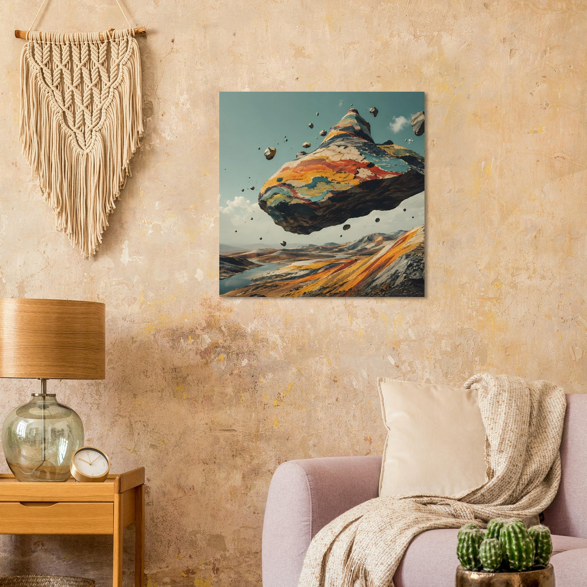Quadratisches Wandposter mit schwebendem Bergmotiv und kräftigem Orange- und Grünton