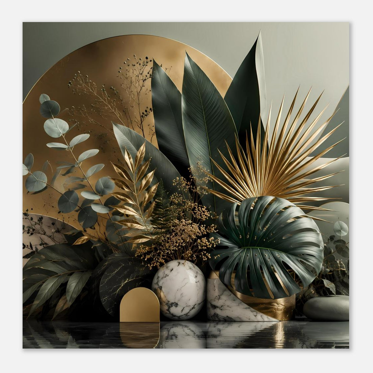 Botanisches Poster mit goldenen Akzenten: Palmenblätter, Marmorsteine, goldfarbene Dekoration