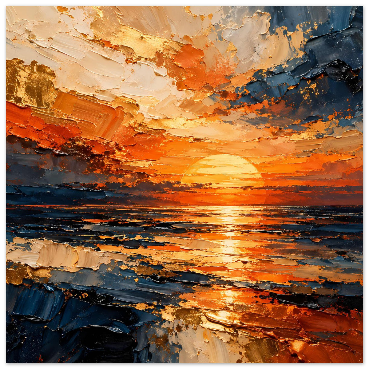 Poster mit abstrakter Küste und Sonnenuntergang, kräftiges Orange, Blau und goldene Reflexe