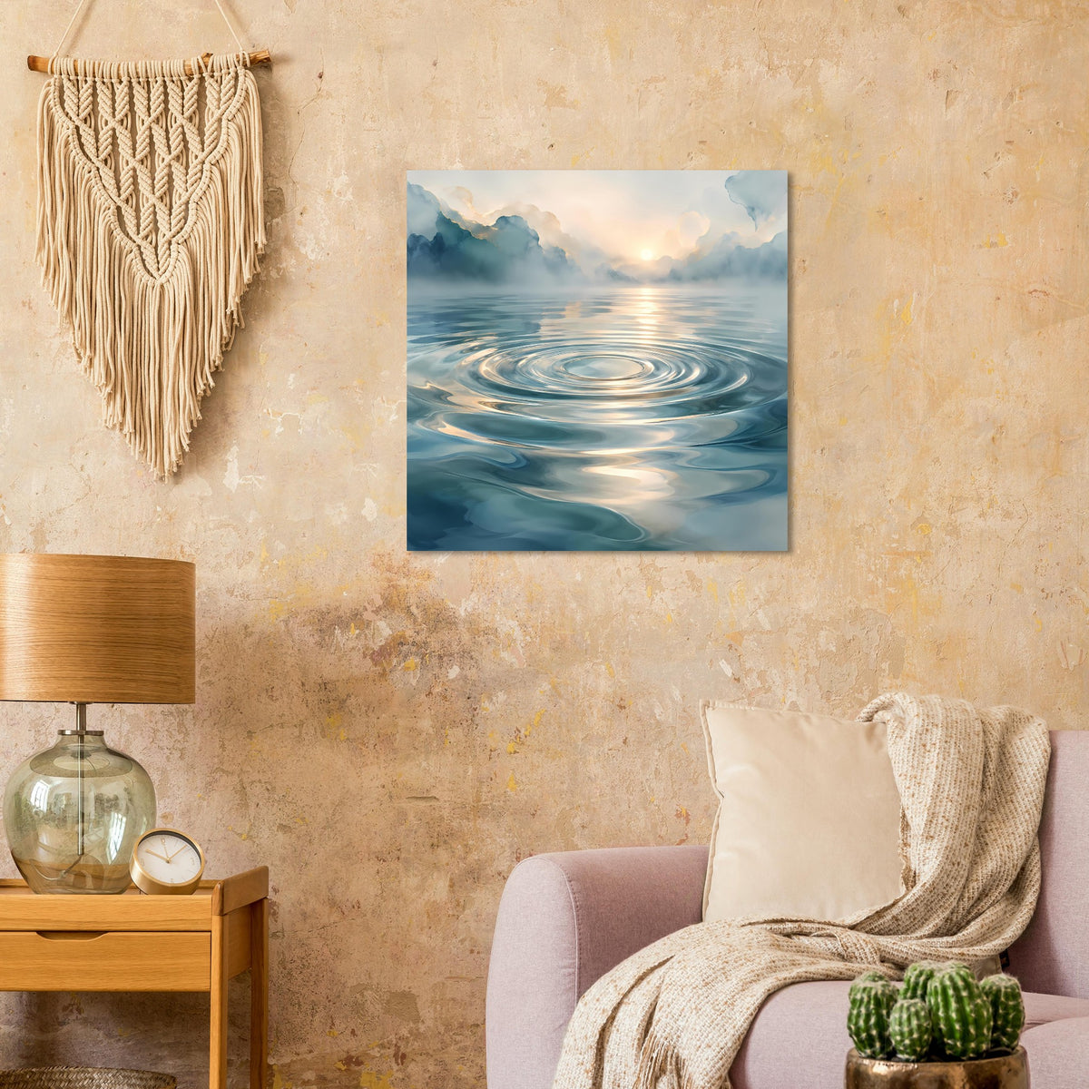 Quadratisches Wasserwellen-Poster mit blauen Meeresfarben und hellem Sonnenlicht
