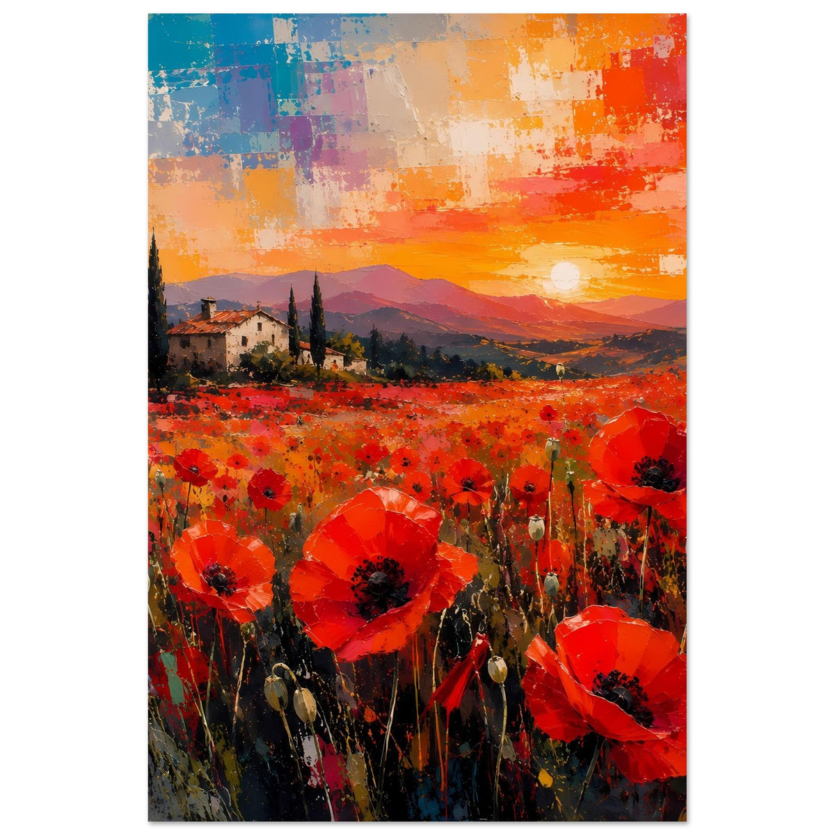 Hochformat-Poster mit rotem Mohnfeld, orangefarbenem Sonnenuntergang und weiten Hügeln