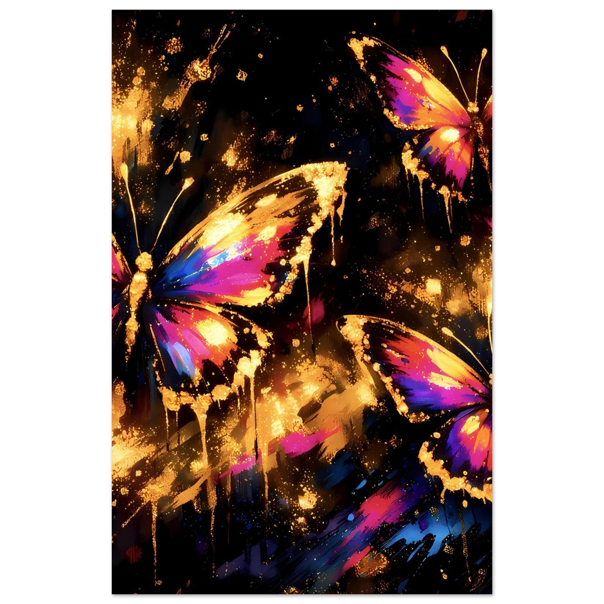 Kunstposter, vertikal zugeschnitten: leuchtender Schmetterling in Blau, Pink und Gold im Vordergrund