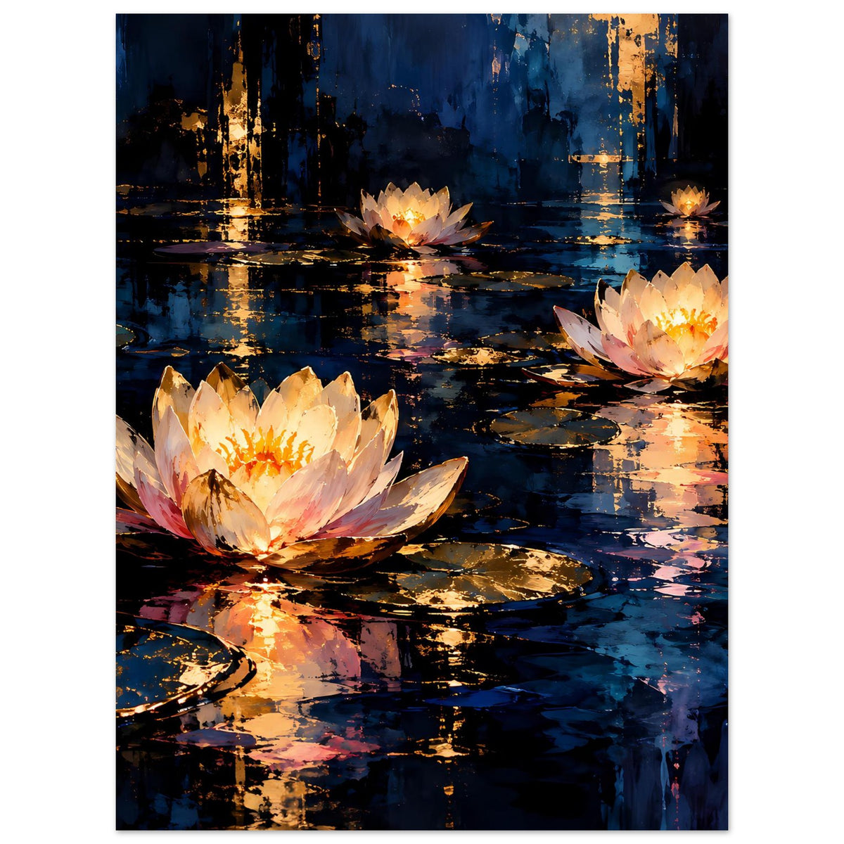 Blumenposter mit großen Seerosenblüten, goldene Highlights und Spiegelungen