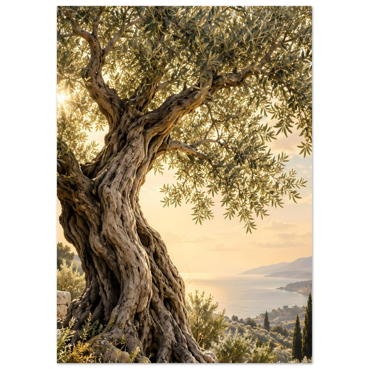 Poster mit Olivenbaumstamm und Blattzweigen, goldene Abendstimmung