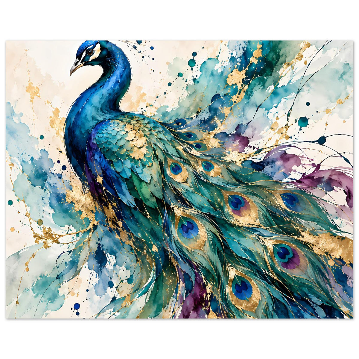 Aquarell-Poster: blauer Pfau im Farbverlauf mit grün-blau-violetten Federaugen