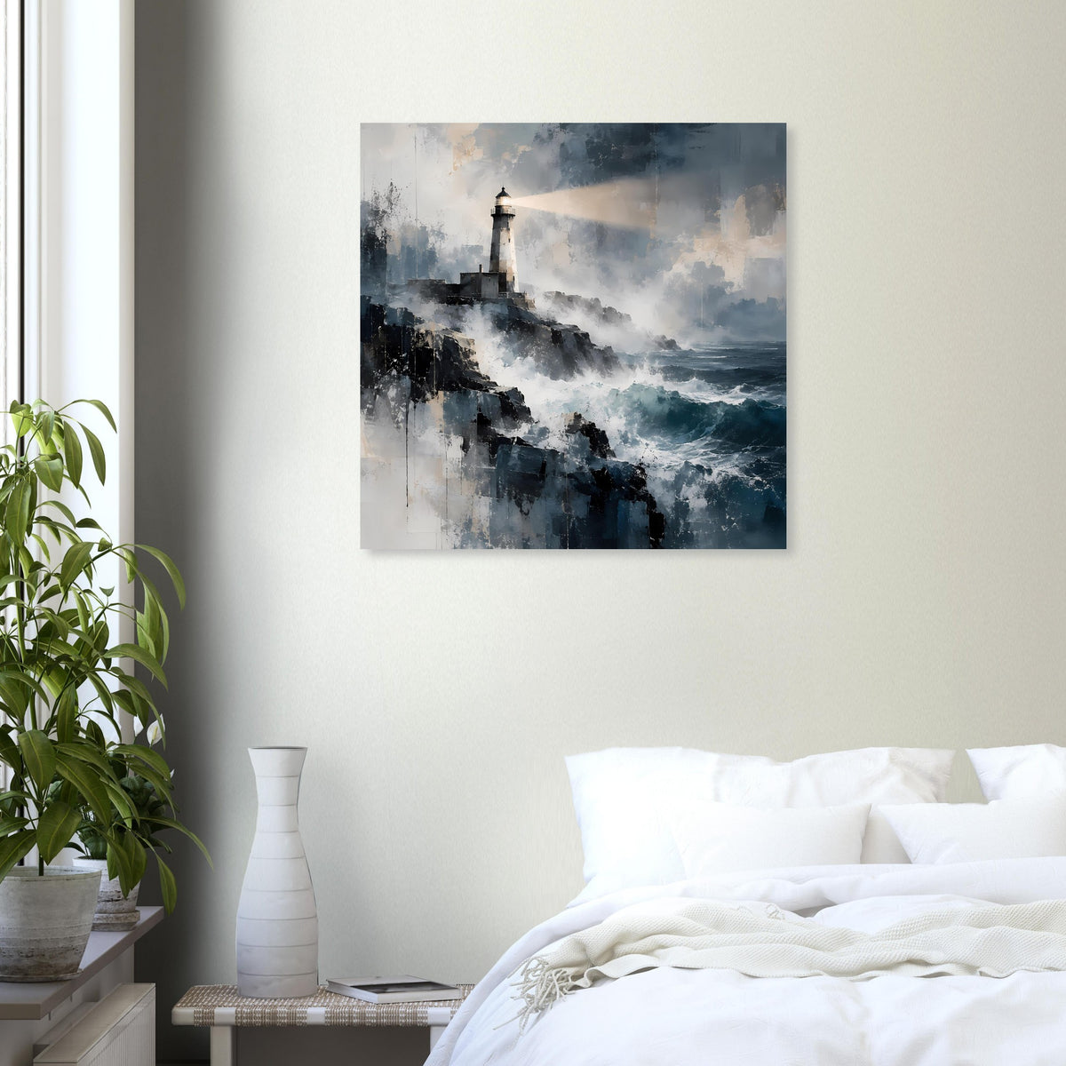 Maritimes Poster mit Leuchtturm vor Wolken und Meer in Blau-Grau