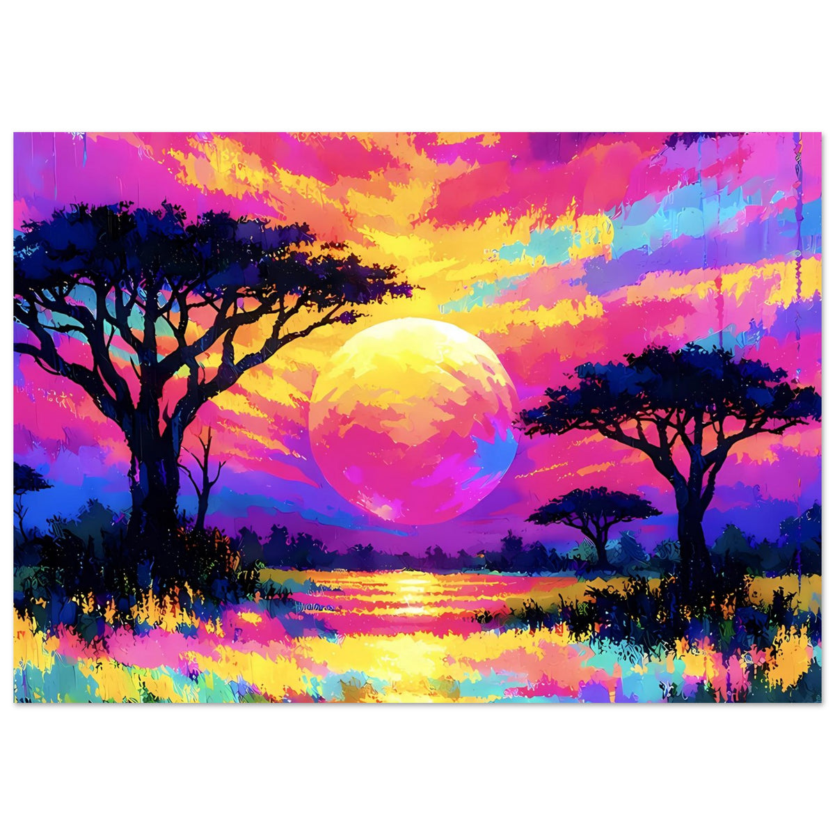 Neon-Landschaftsposter im Querformat: leuchtende Sonne am Himmel, farbige Uferlandschaft, Bäume