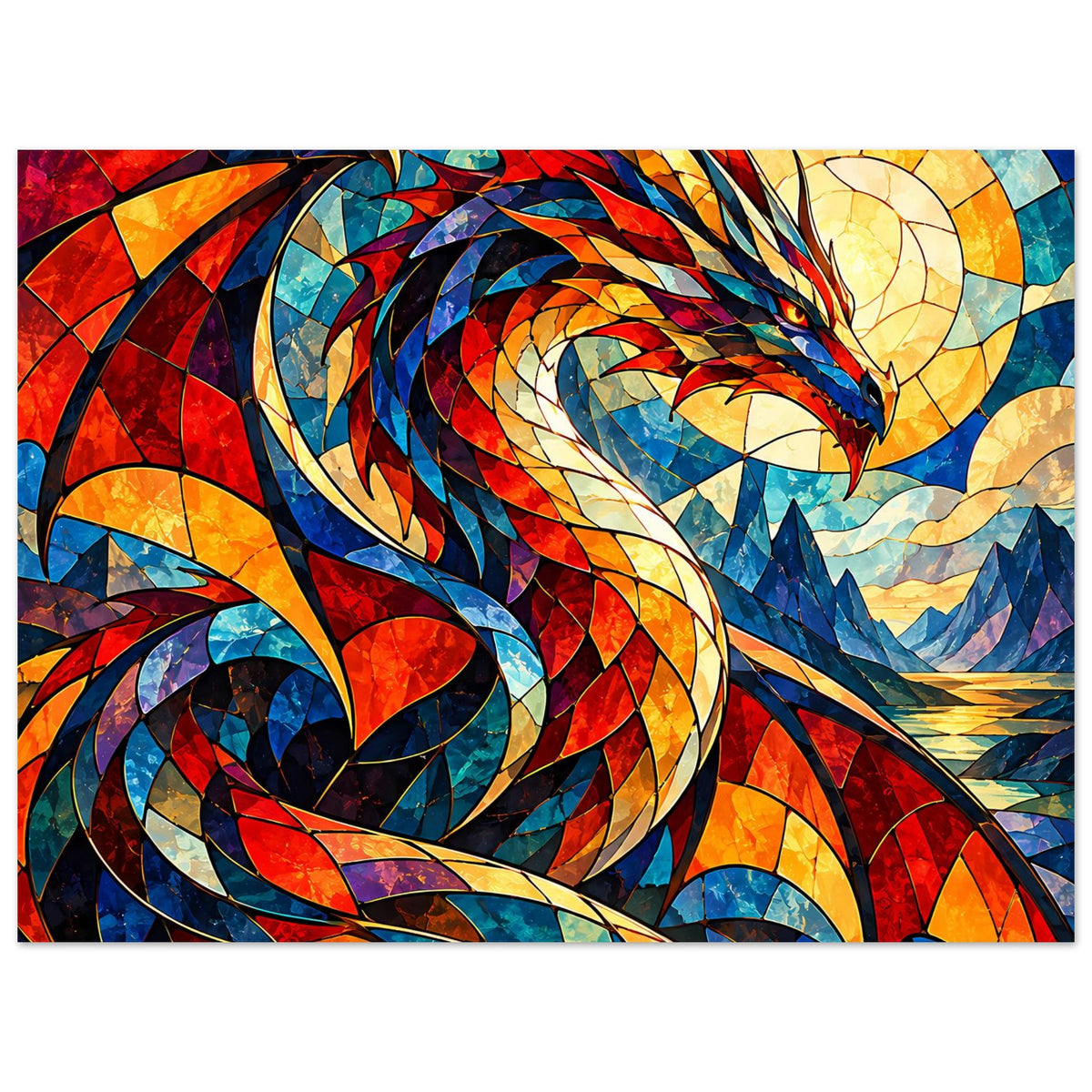 Drachen-Glasmalerei-Poster mit fokussiertem Drachen und Farbenmeer aus Glasquadraten