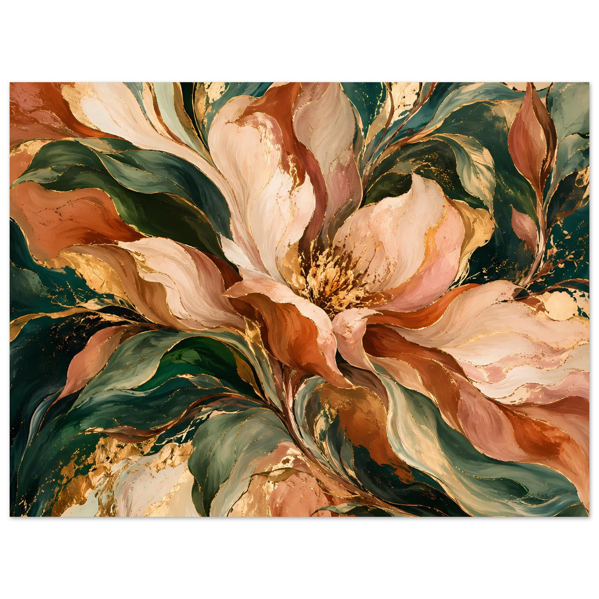 Blumenposter mit abstraktem Blumenstrauß in Creme, Rost und Dunkelgrün, horizontal
