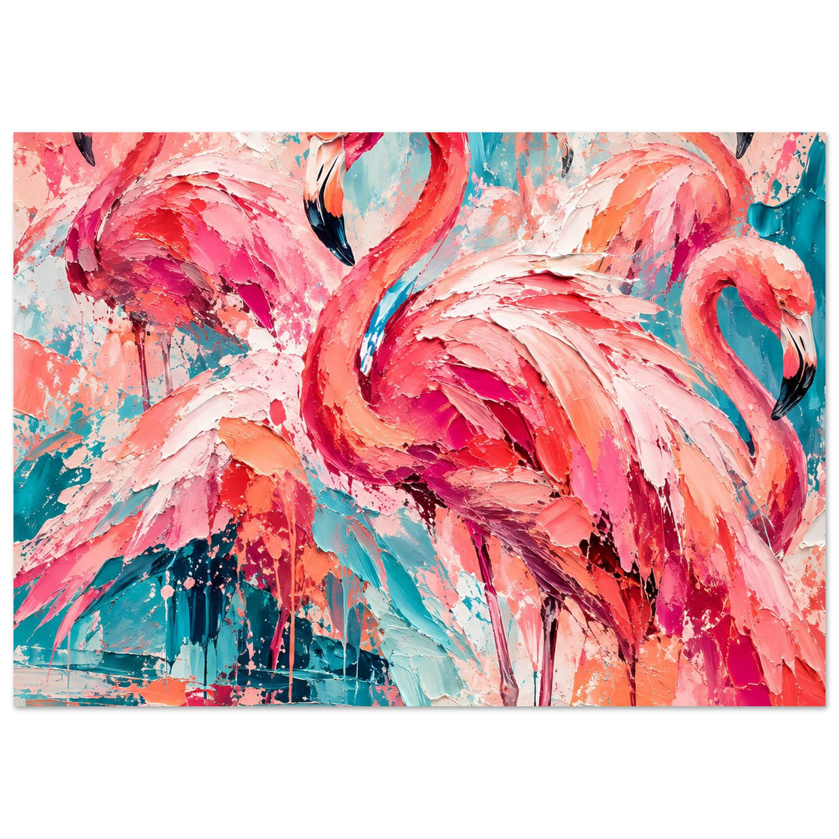 Flamingo-Poster mit abstrakter Pinselmalerei in Pink und Türkis, mit schwarzem Federkontur-Motiv.