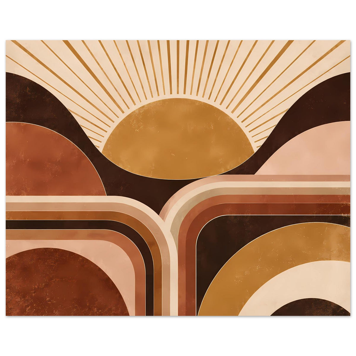 Poster mit geometrischem Sonnenaufgang: goldener Halbkreis mit Strahlen über braun-beigen Kreis- und Bogenformen.