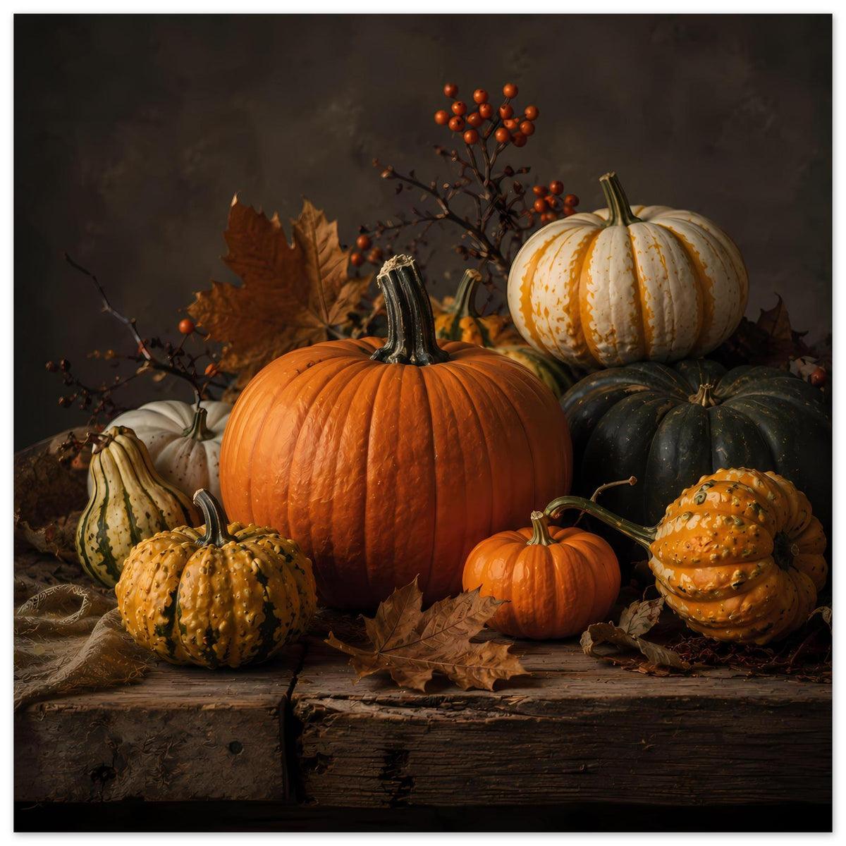 Herbstliche Kürbis-Komposition mit großen orangefarbenen Kürbis sowie weißen und schwarzen Zierkürbissen