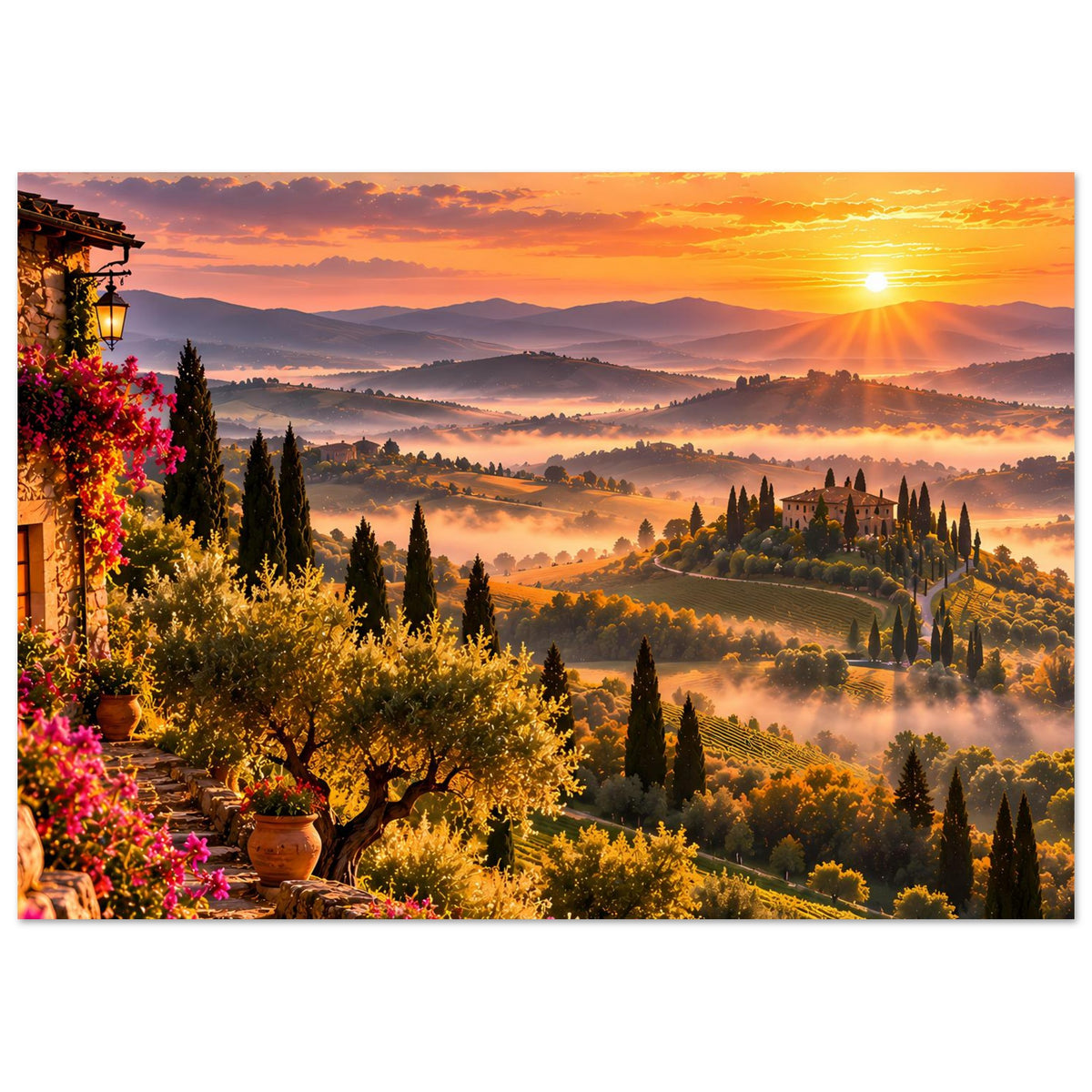 Poster mit toskanischer Landschaft: Sonnenuntergang, Zypressen, neblige Täler und Blumen