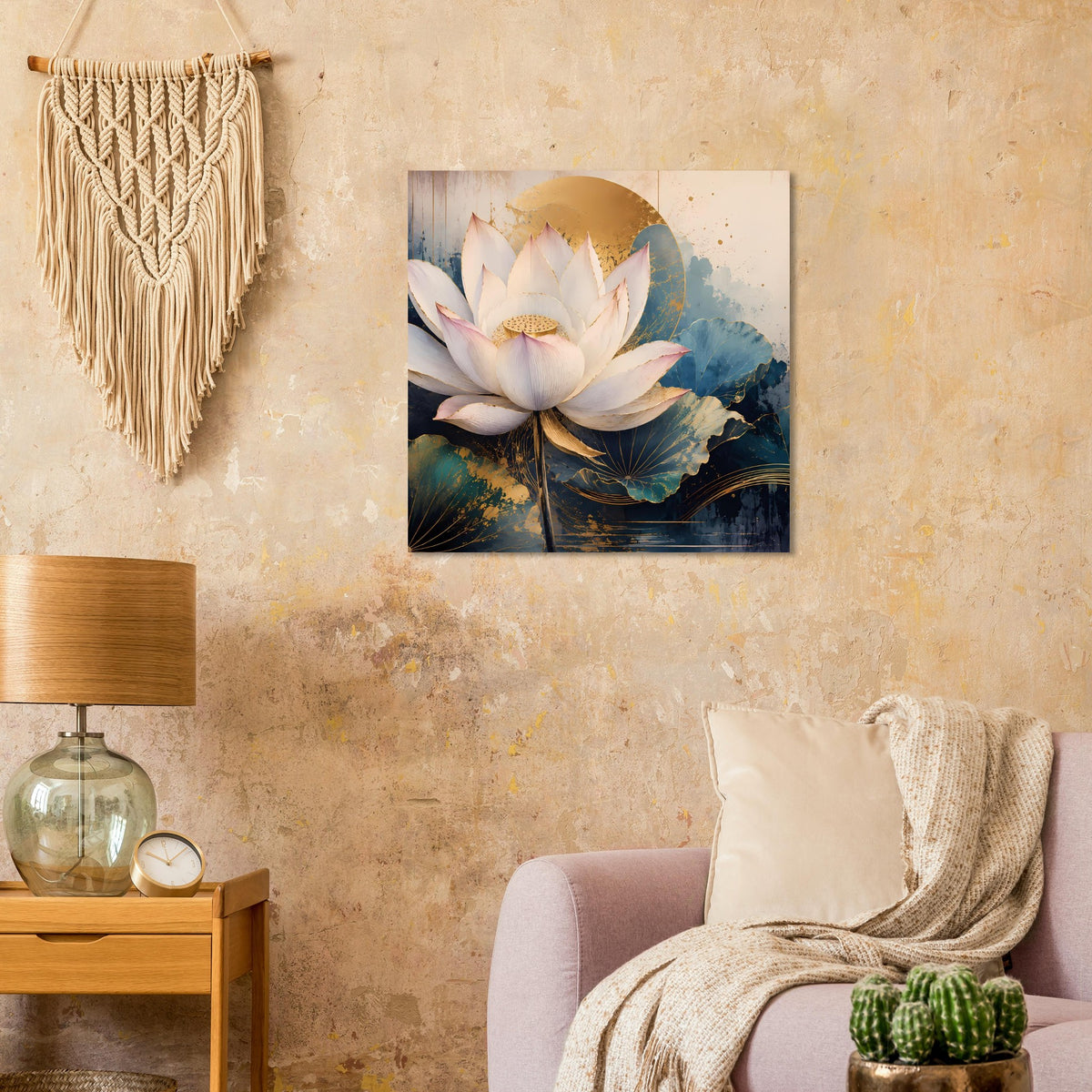 Premium-Poster mit weißen Lotusblüten auf blauem Wasserfarbgrund und Goldakzenten