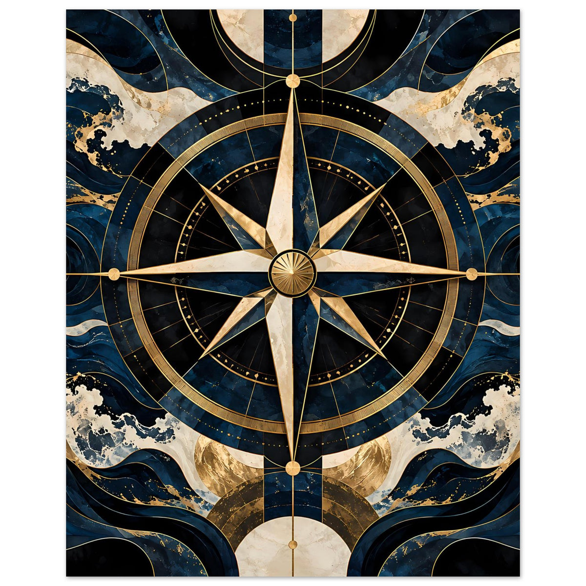 Maritimes Navigationsposter: Kompassrose mit goldener Nadel, blau-beige Wellen und Kreise