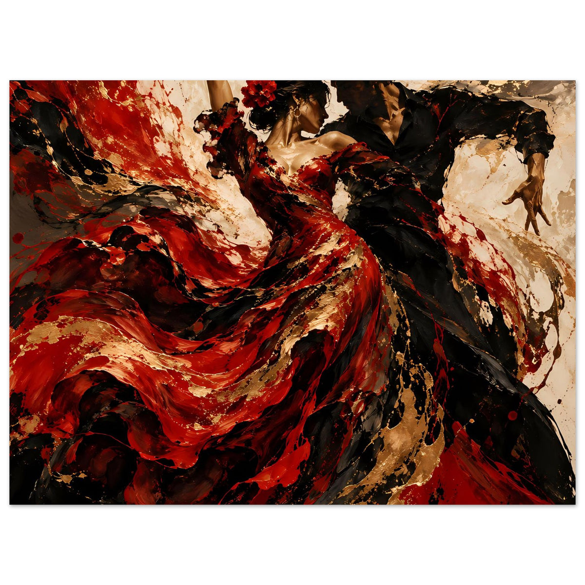 Horizontales Poster mit Flamenco-Tanzmotiv: rotes Kleid, schwarze und goldene Sprenkel