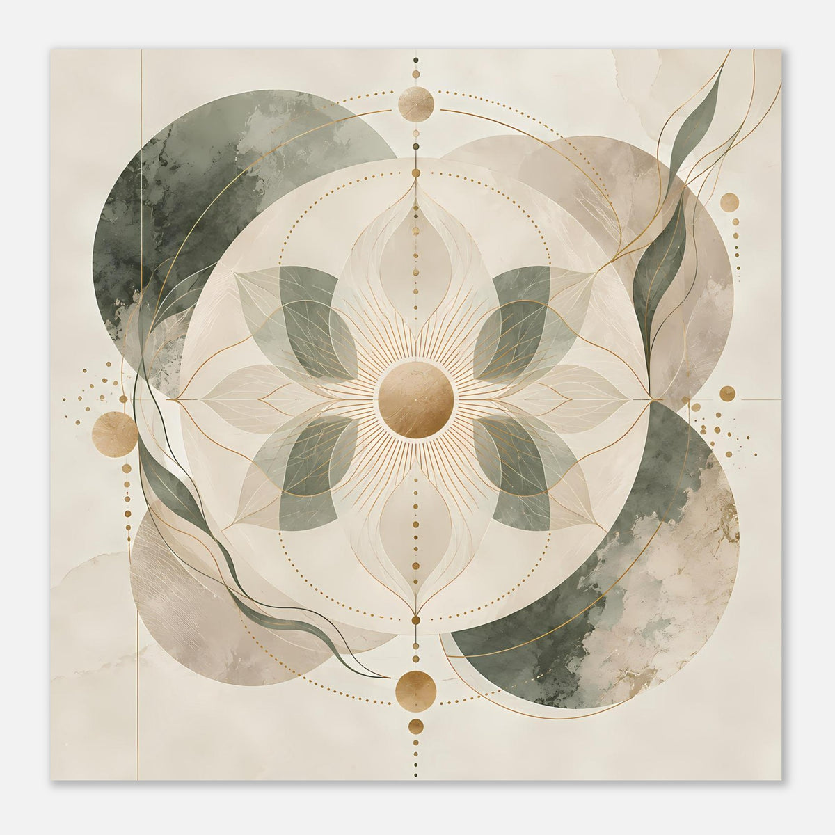 Mandala-Poster mit beigem Hintergrund, grünen Elementen und goldenen Kreislinien im Zentrum