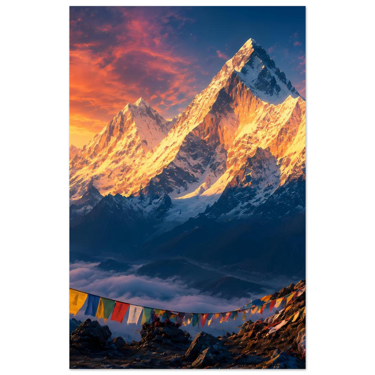 Hochformat-Poster: Himalaya-Berglandschaft im Sonnenaufgang, orange leuchtende Gipfel, Gebetsfahnen