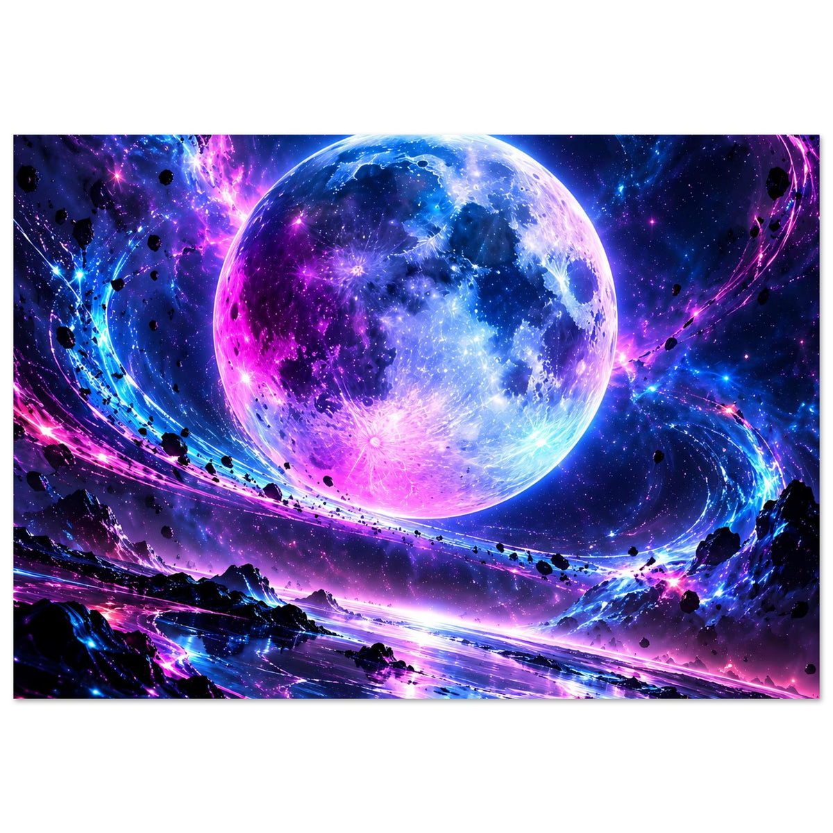 Querformat-Poster: Planetenkugel in Blau und Lila mit bunten Lichtspuren im Weltraum.