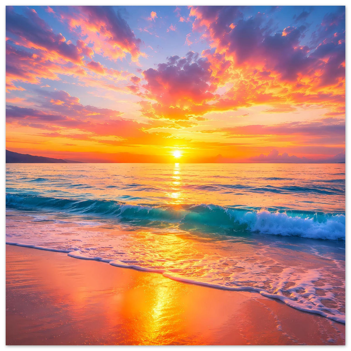 Sonnenuntergangs-Strandposter, vertikal: Sonne am Horizont, Wellen mit Schaumkranz
