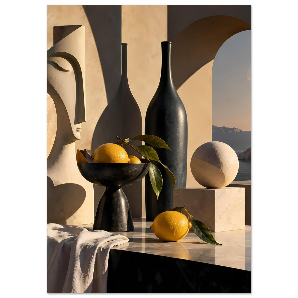 Hochformat-Wandposter mit Stillleben: schwarze Vase, Zitronen in Schale, graue Kugel und Blattzweig