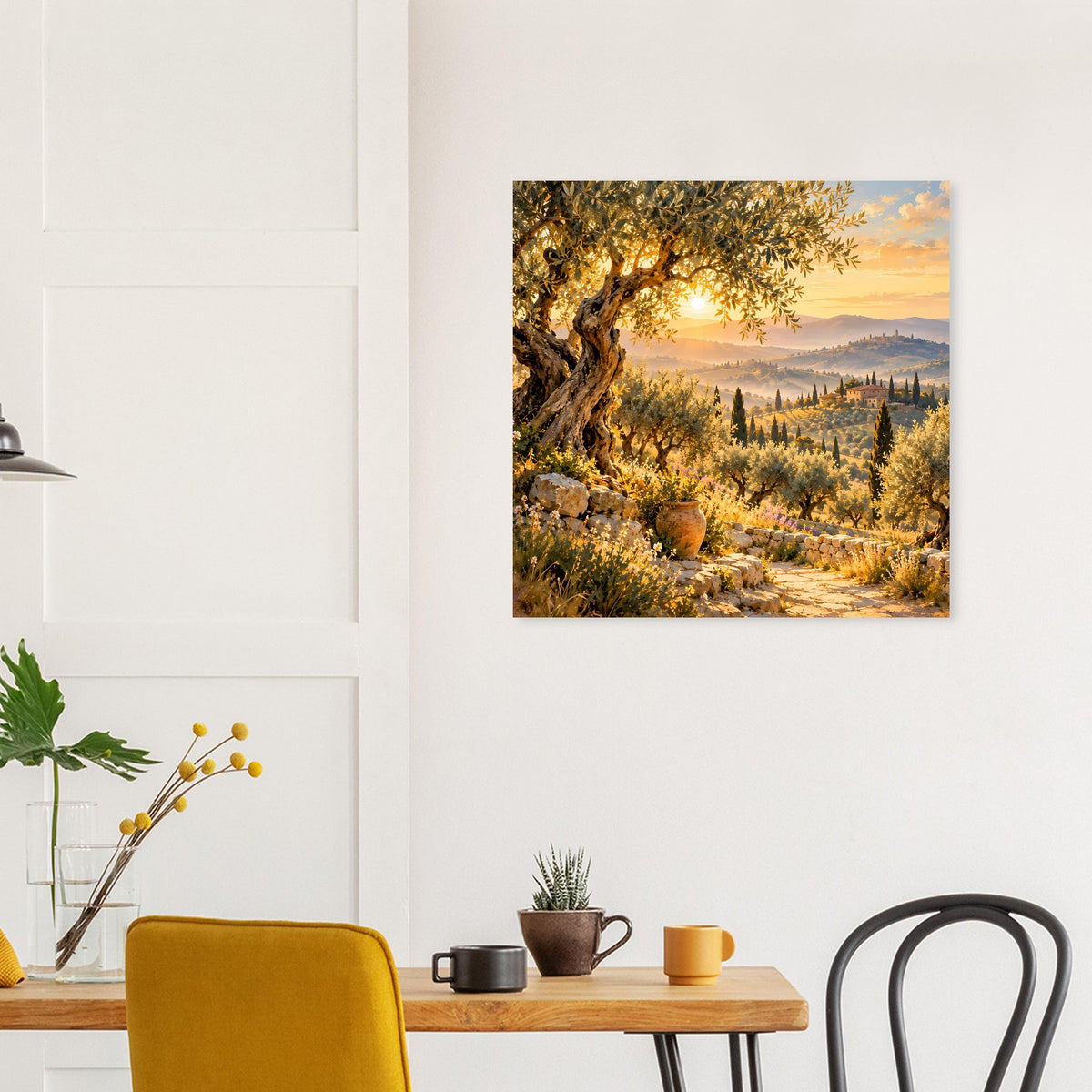 Quadratisches Poster mit warmen Farben, Hügelblick und lichtdurchflutetem Tal