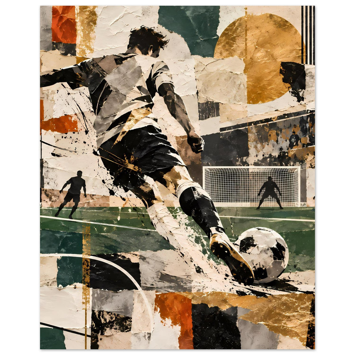 Fußball-Actionposter im Hochformat: abstrakter Spieler im Torraum, Ball und Netz