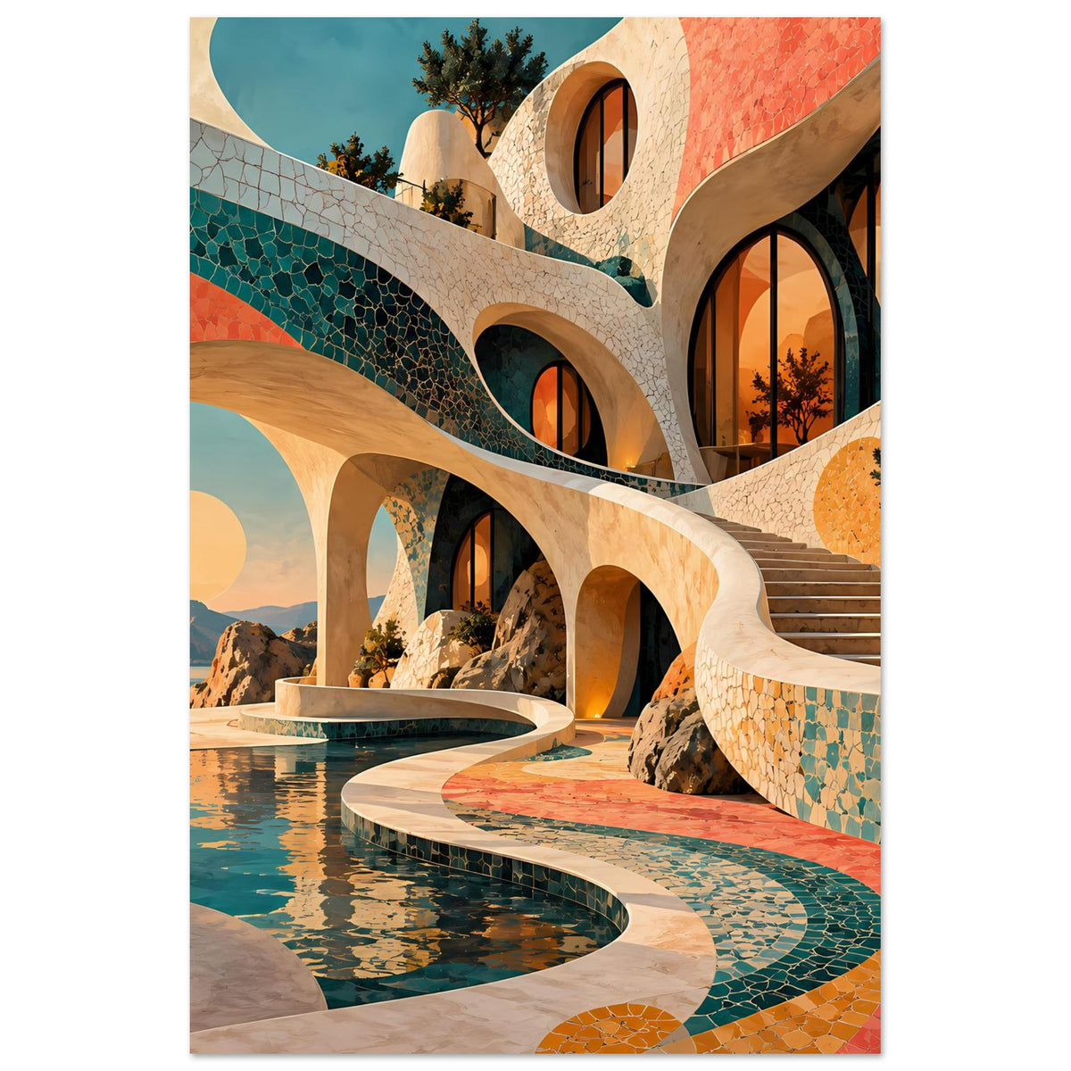Kunstposter im Hochformat: türkisfarbene Mosaikbögen, korallrote Wand, Treppe und Pool