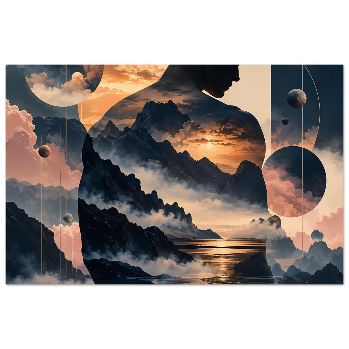 Poster mit Berglandschaft, Männerprofil, goldoranger Abendsonne und Meeresreflexen