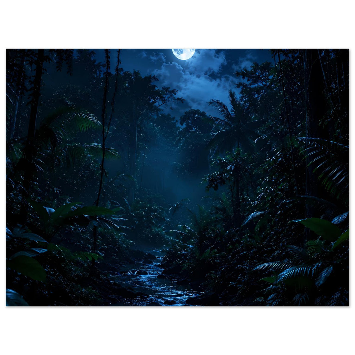 Nachtlandschaft-Poster: Dschungelpfad mit blauem Mondlicht und schmalem Fluss im Bild