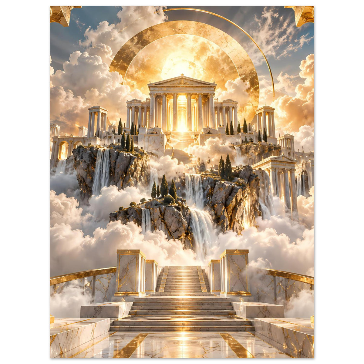 Poster mit Tempel unter goldenem Lichtbogen, Wasserfällen, Tannen und breiter Marmortreppe