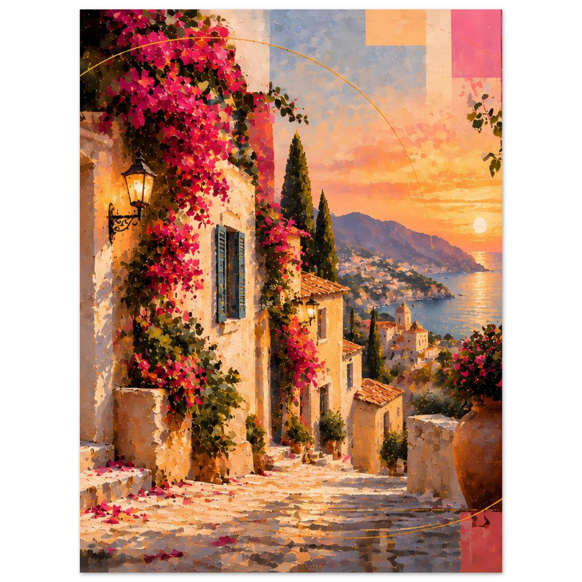 Mediterranes Sonnenuntergangs-Poster mit blühenden Fassaden und Gasse, vertikal, matt