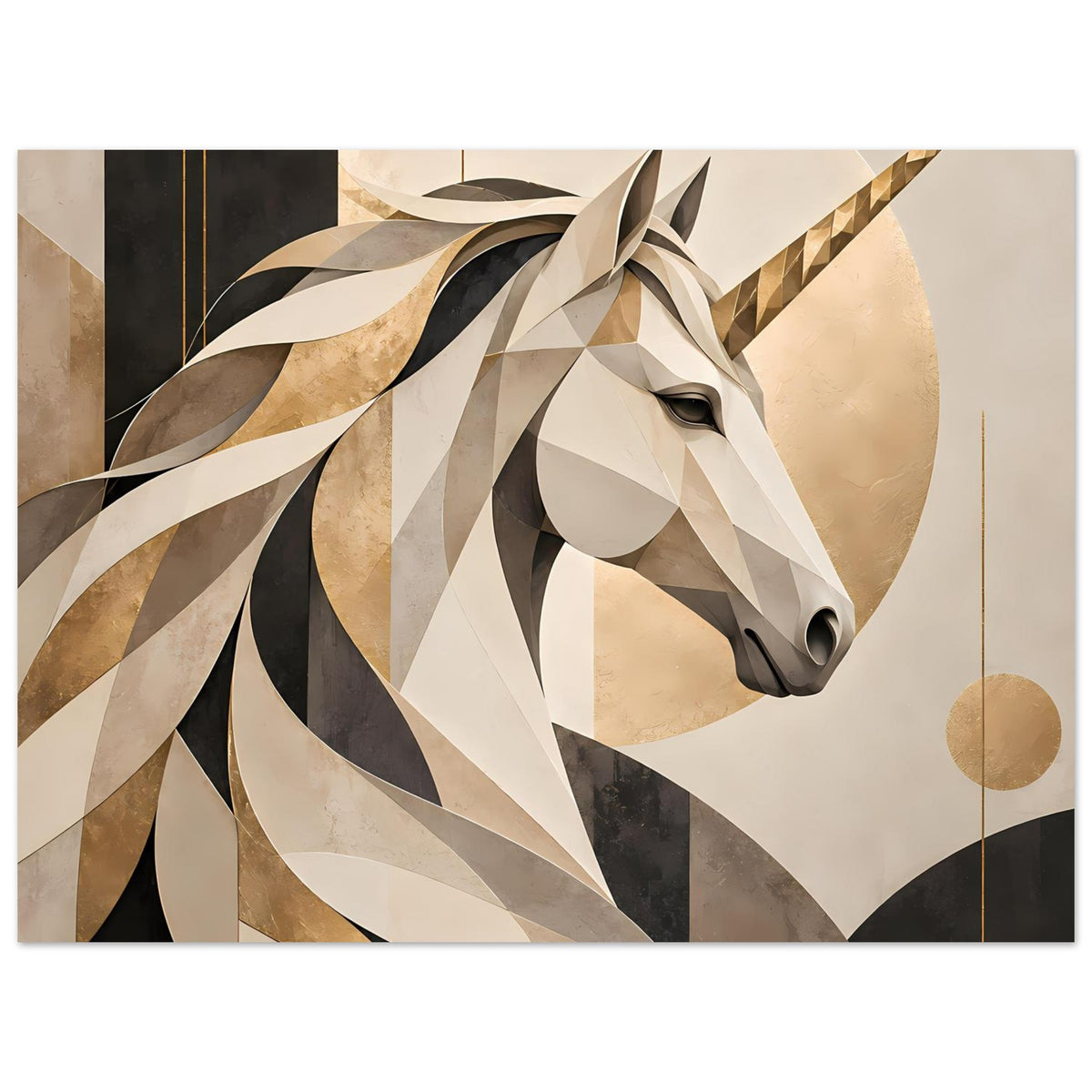 Horizontales Poster mit Einhornprofil, geometrische Formen in Beige, Schwarz und Weiß