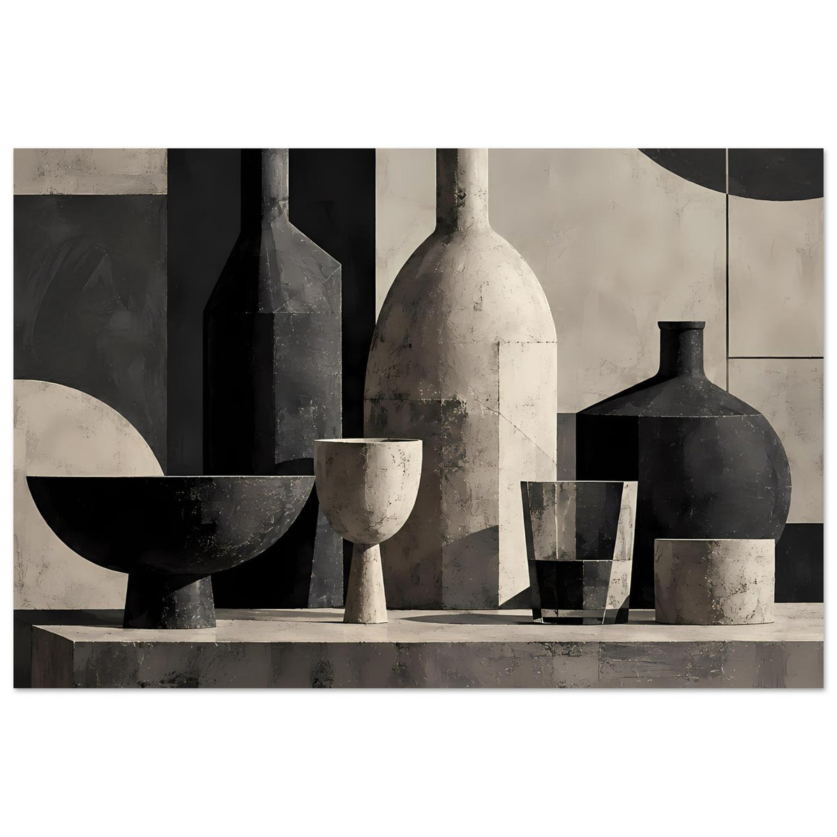 Monochromes Stillleben-Poster mit Vasen, Flasche und Becher auf gestufter Ablage