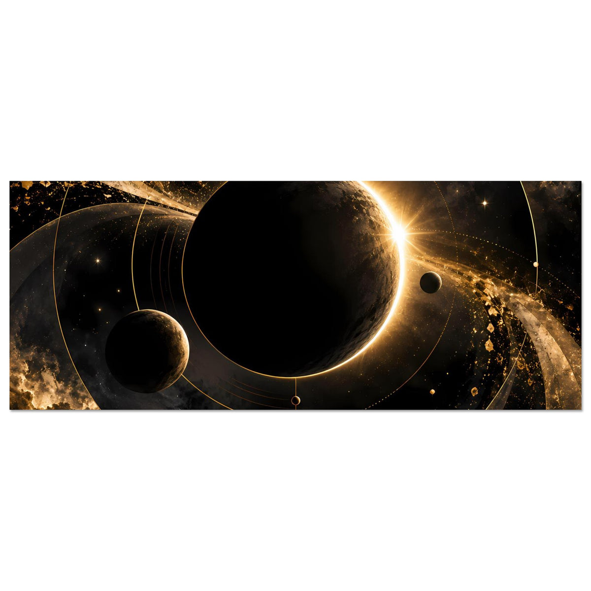 Breites Weltraum-Poster: goldener Lichtkegel, schwarzer Planet und kleiner Mond