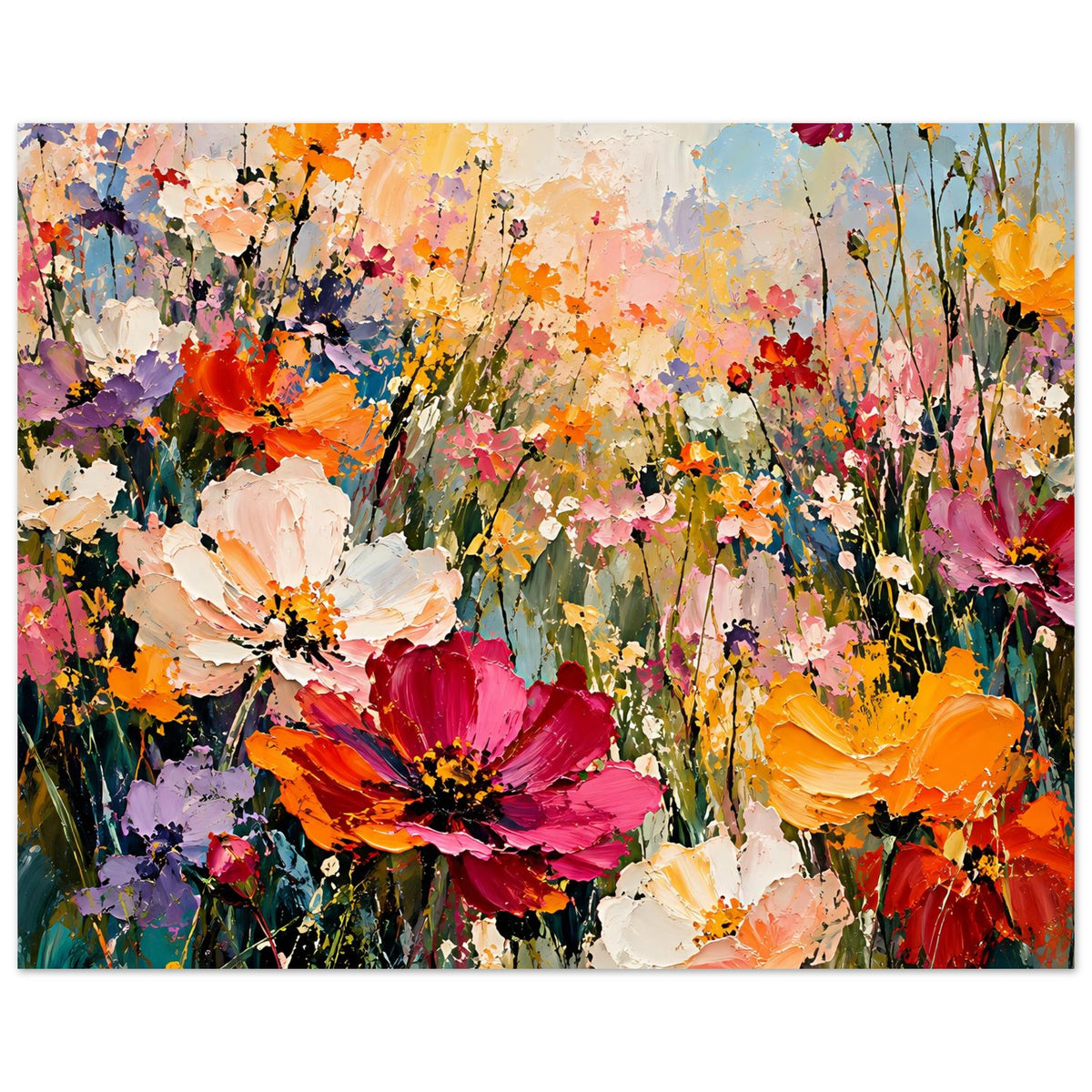 Blumenposter mit kräftigen Blüten: magenta, orange und weiße Akzente vor buntem Hintergrund