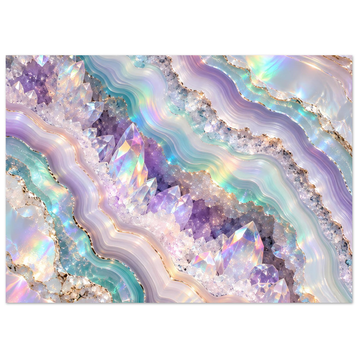 Holografisches Geode-Kristall-Poster im Querformat: violette Kristallspitzen, türkisfarbene Wellen und Glanz