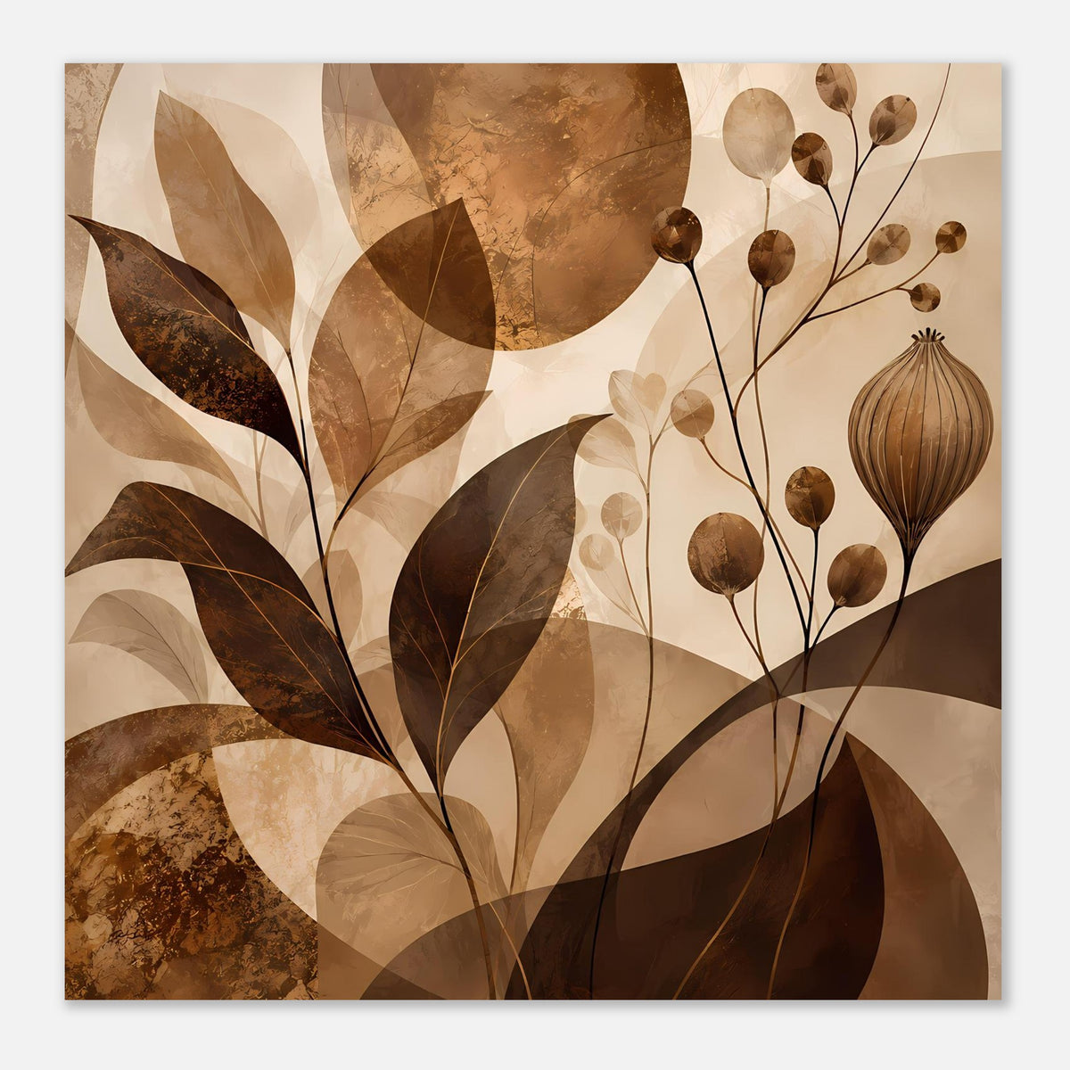 Blumenposter mit Blättern und runden Blüten in warmen Braun- und Beigetönen, leicht versetzter Bildausschnitt