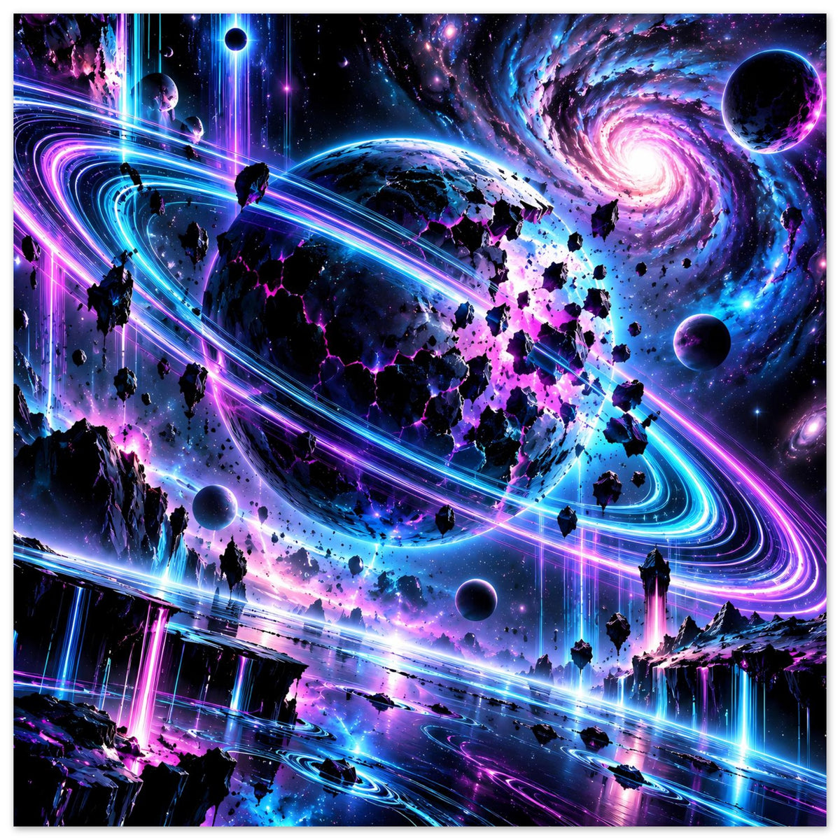 Neon-Galaxie-Poster im Querformat: Violett-rosa Wirbelgalaxie, blaue Umlaufbahnen, Planeten