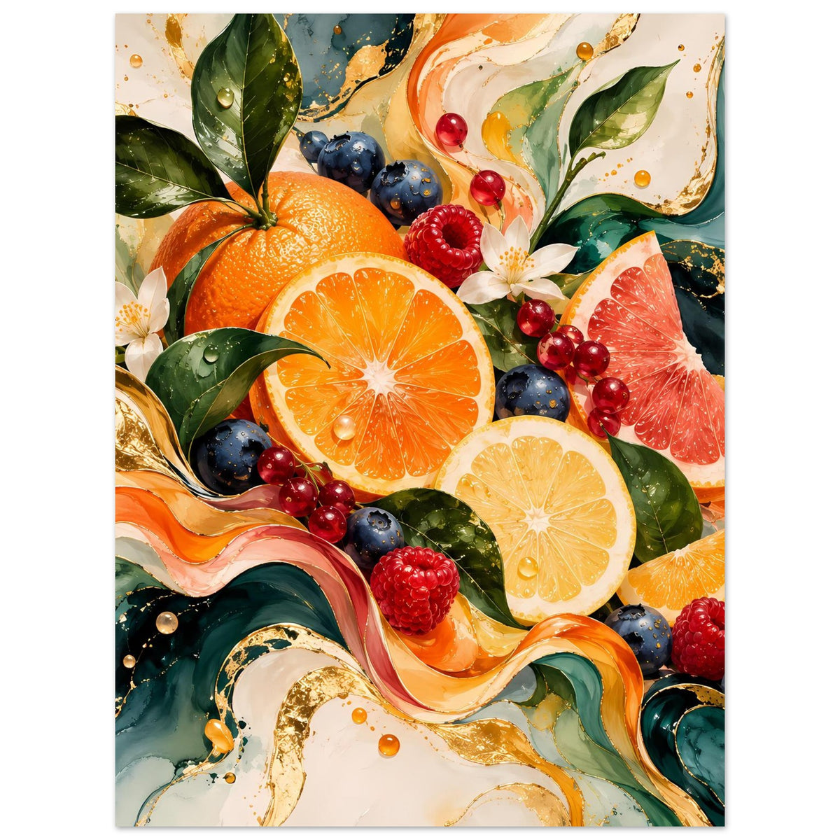 Poster mit Früchtekunst: Orange, Zitrus und Beeren, Blätter mit abstrakten Wirbeln