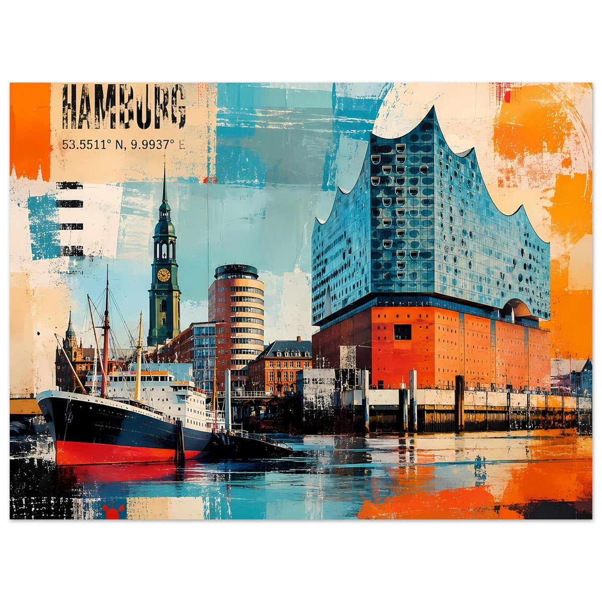 Hamburg-Hafen Poster mit Elbphilharmonie in Türkis/Orange, Schiffe im Vordergrund