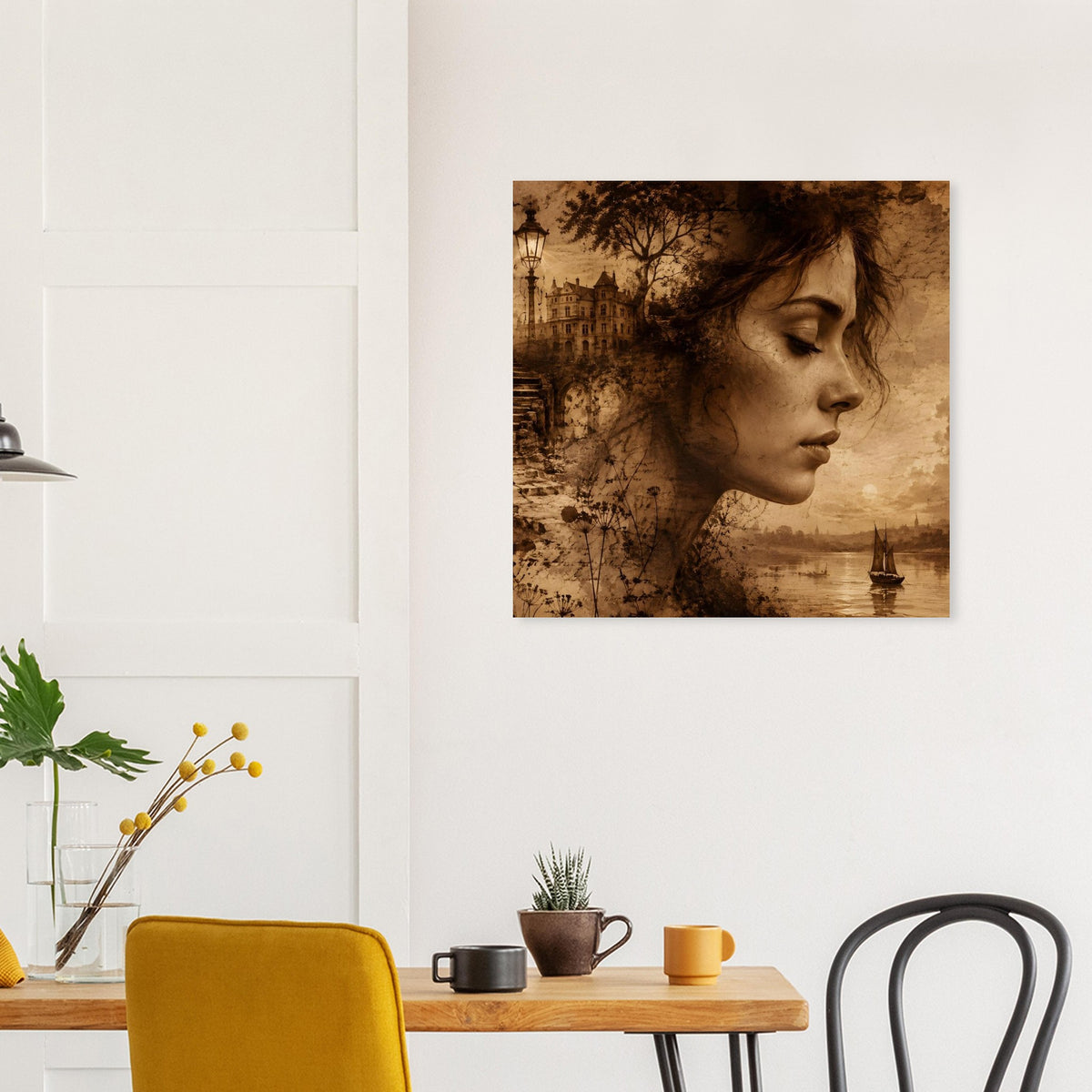 Sepiafarbenes Poster mit Frauenporträt im Profil und Schiff auf dem Wasser