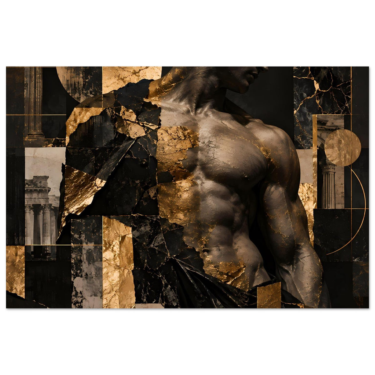 Kunstposter mit männlicher Statue im Profil, schwarze und goldene Collage-Elemente